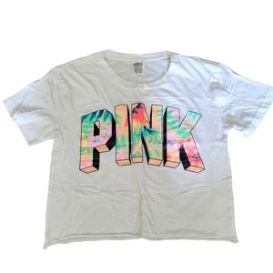 Victoria’s Secret PINK tropical spellout crop top white tee XS